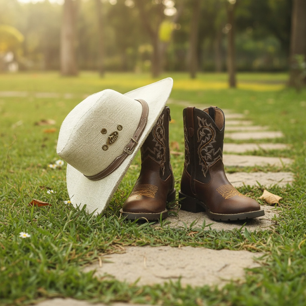 Combo Chapéu Em Juta + Bota Texana Miura Em Couro Linha Kids Kapell
