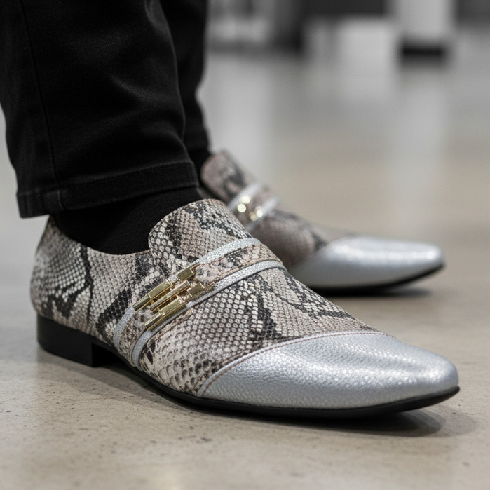 Sapato Social Masculino Couro Legítimo Textura Cobra Bico Fino Elegante Executivo Maier Calçados 016