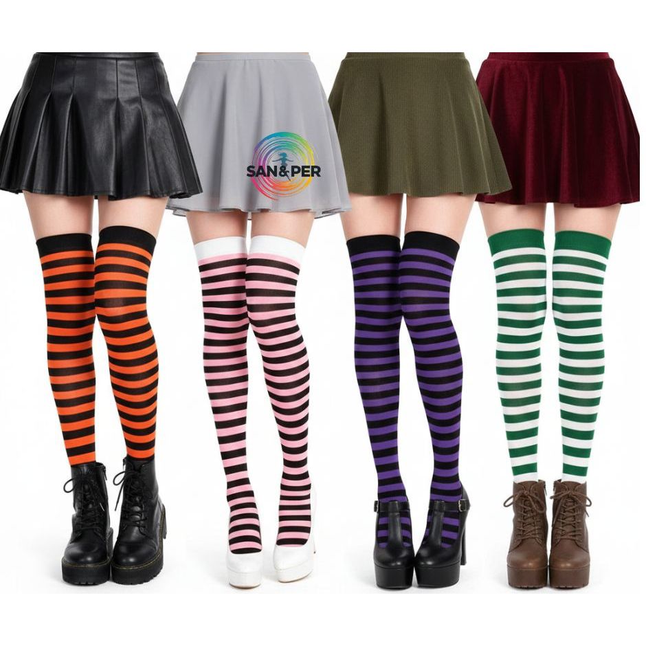 Meia 7/8 Listrada Colorida Fina Diversas Cores para Festa Fantasia Cosplay Halloween Anime Geek