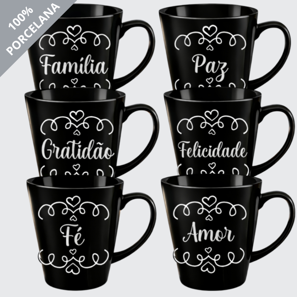 KIT 6 Canecas Pretas Luxo Porcelana 120 ML Frases Coração Motivação Xícaras Chá Café