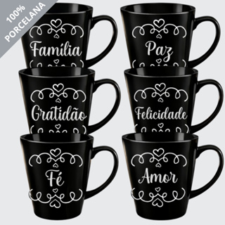 KIT 6 Canecas Pretas Luxo Porcelana 120 ML Frases Coração Motivação Xícaras Chá Café em Oferta na Shopee
