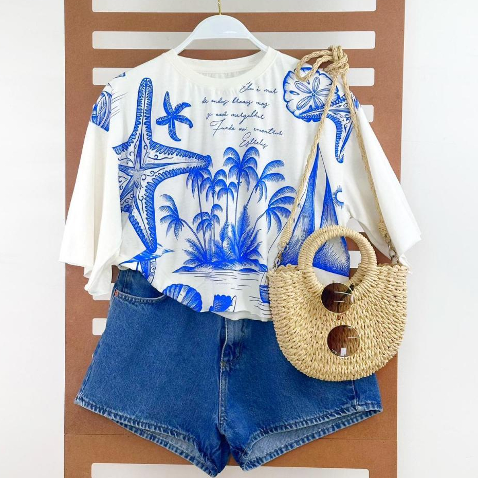 Cropped Feminino Oversized Tecido 100% Algodão Estampado Tropical Verão Confortável e Estiloso