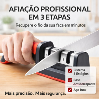 Afiador de Facas Profissional 3 Estágios em Aço Inox  Base Antiderrapante – Corte Preciso e Seguro em Oferta na Shopee