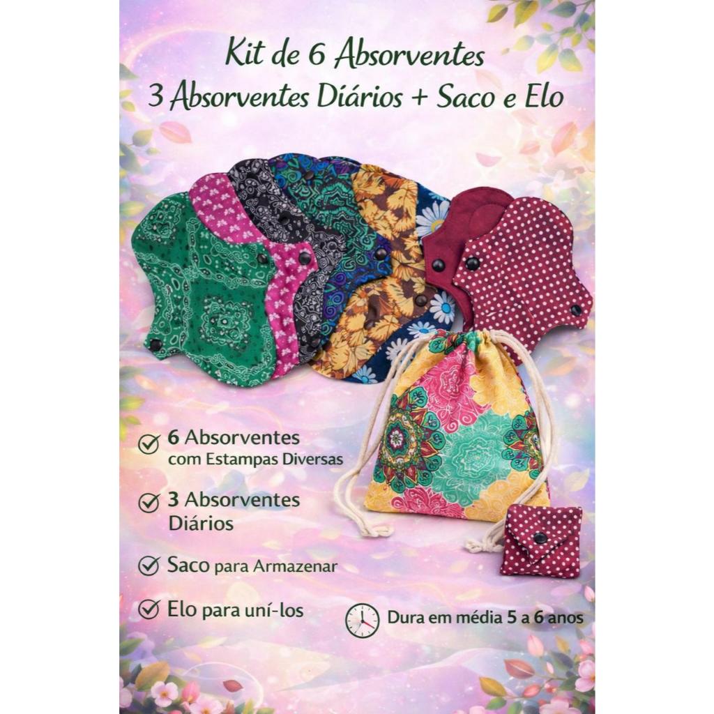Kit 6 + 3 Absorvente Ecológico Menstrual Algodão Impermeável + Absorvente Diário ( Kit 6 abs + 3 abs diário)