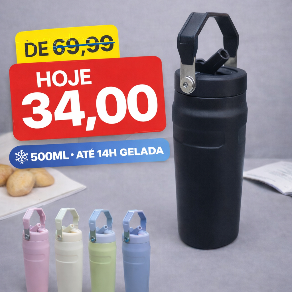 OFERTA LANÇAMENTO | Garrafa Térmica Aerolight  500ML | Inox Flip Straw | Canudo Embutido e Alça Antivazamento |