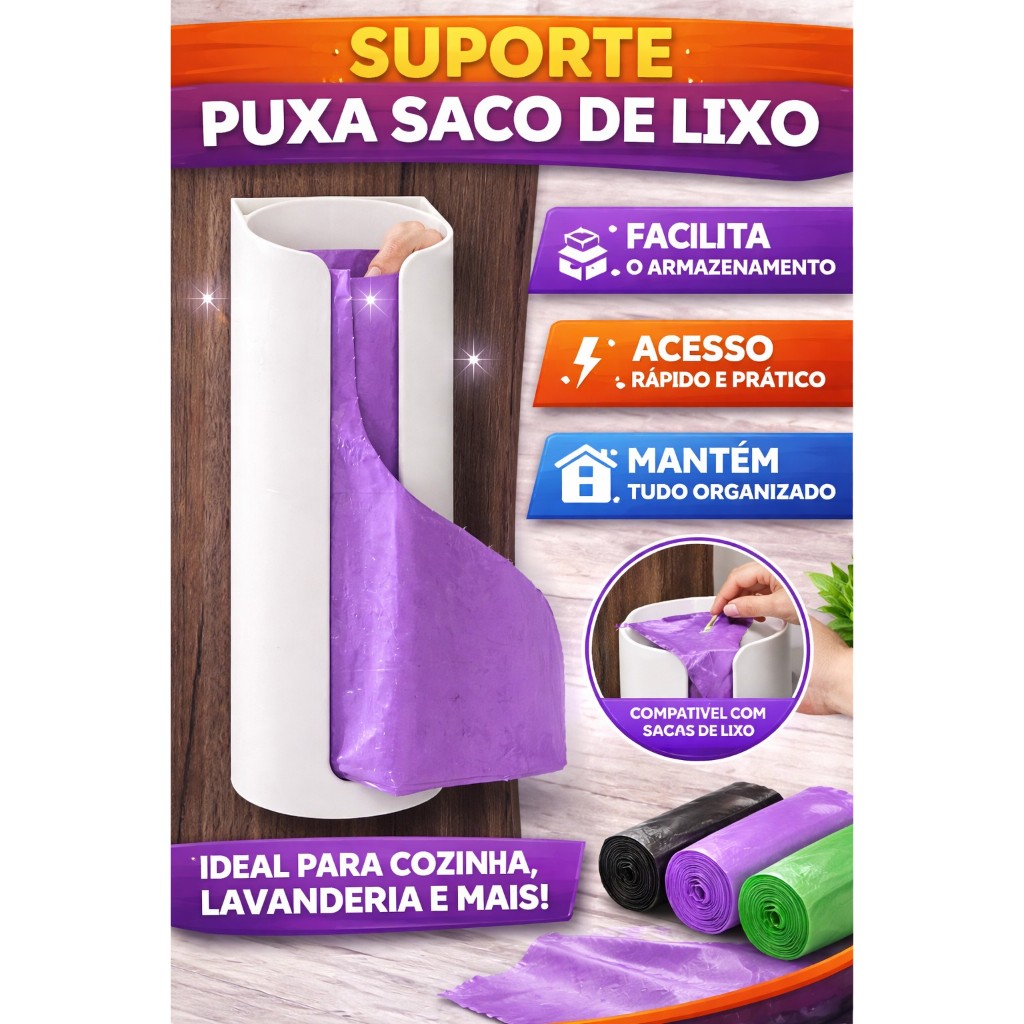 Suporte Porta Sacolas e Puxa Saco de Lixo Parede | Organizador Plástico Cozinha Lavanderia