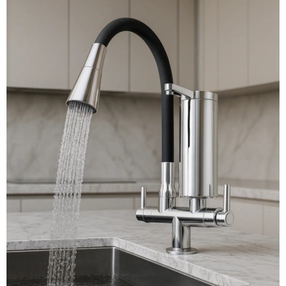 Torneira Filtro Cozinha Gourmet Abs Cano Flexível Dulpo Jatos Cromado Cor Preto Mesa Bancada