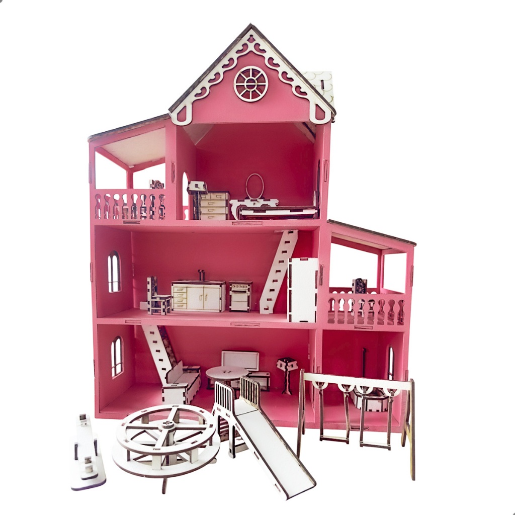 Casa De Boneca Mdf Completa 3 Andares 20 Moveis Miniatura Rosa Brinquedo Educativo Infantil Menina Grande Resistente
