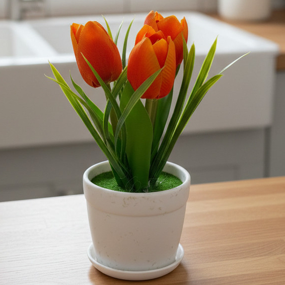 FLOR ARTIFICIAL MINI TULIPA EM VASO PLÁSTICO TAMANHO APROX. 22X9CM