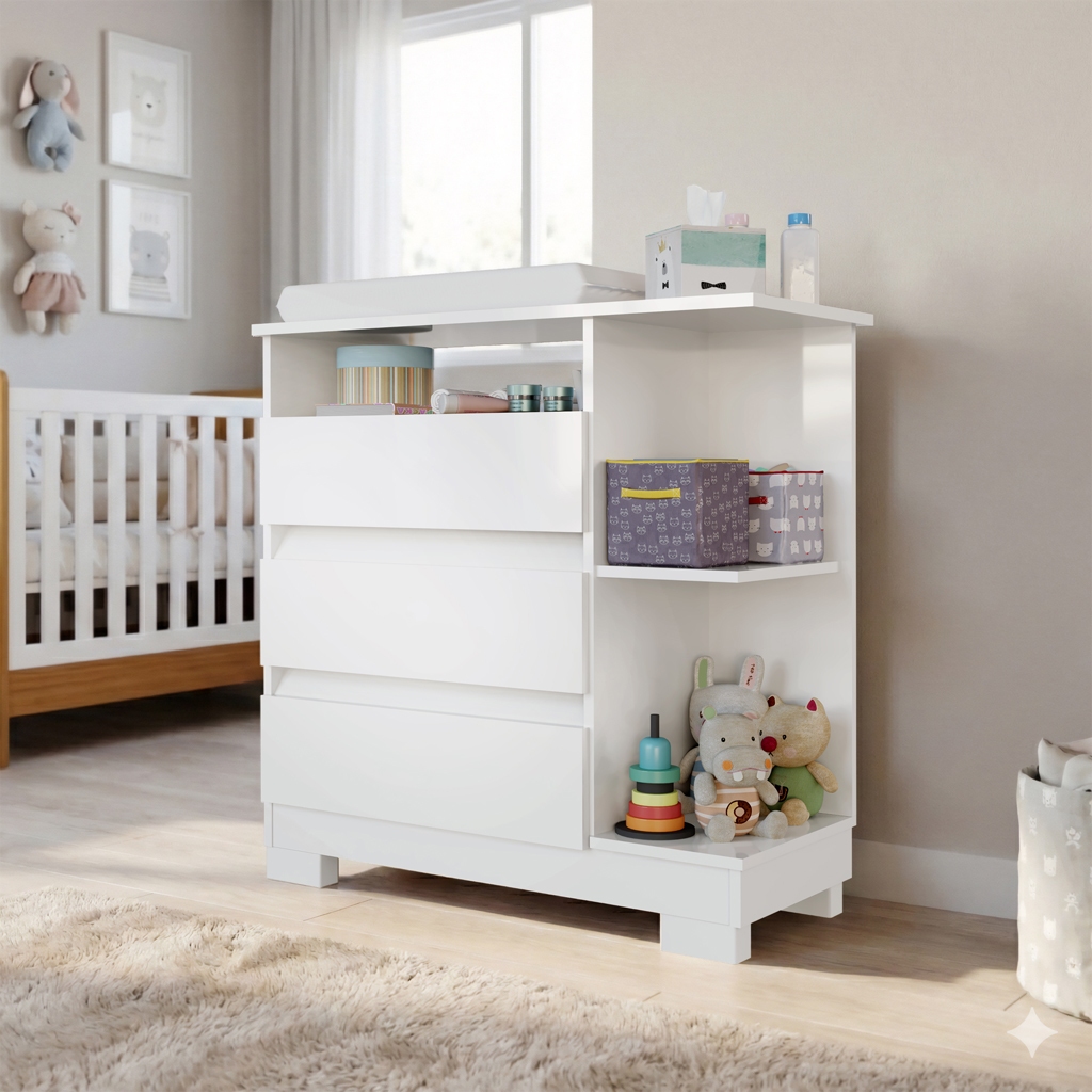 Cômoda Infantil 3 Gavetas com Nichos e trocador Organizador Quarto Bebê  Multiuso com Pés Reguláveis em Oferta na Shopee