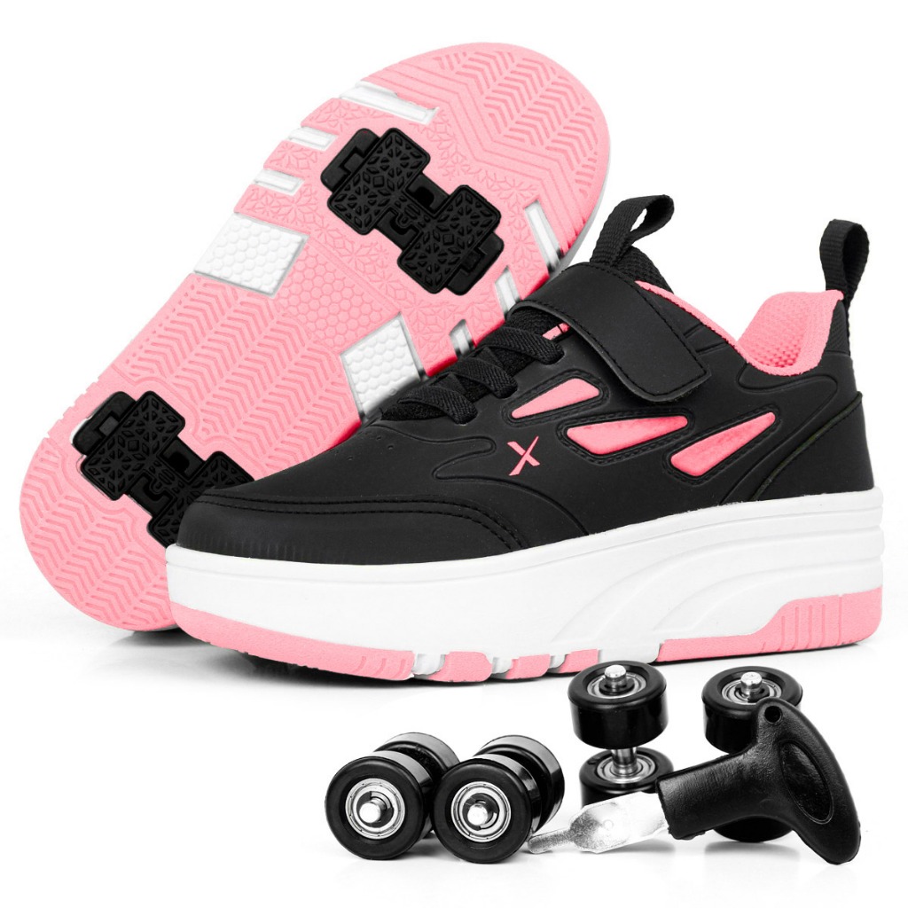 Tenis Feminino Infantil Com Rodinhas Preto Rosa Rodas Removivel
