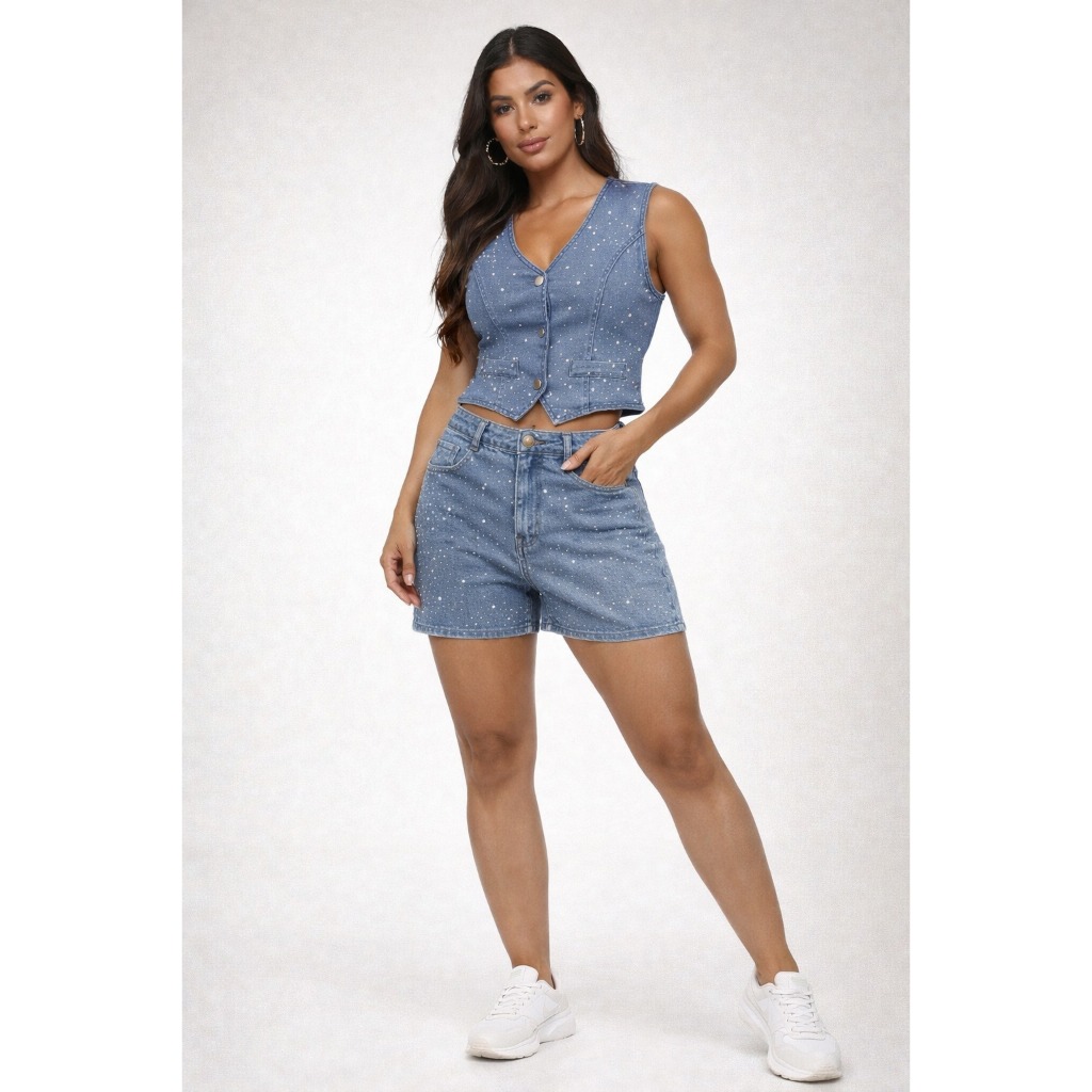 Conjunto jeans com lycra e brilho