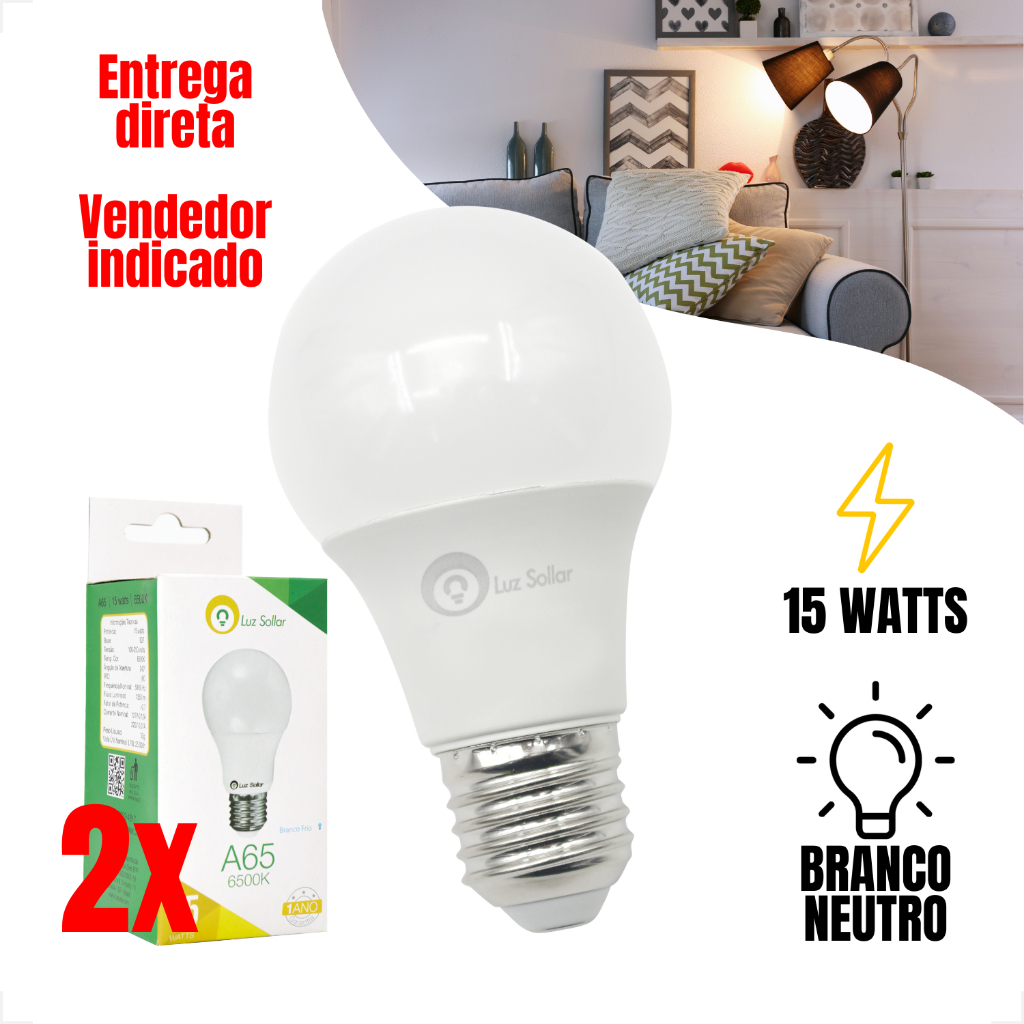 Kit 2 Lâmpada Led Bulbo 15W E27 Bivolt Branco Frio(6500K) Iluminação em Oferta na Shopee
