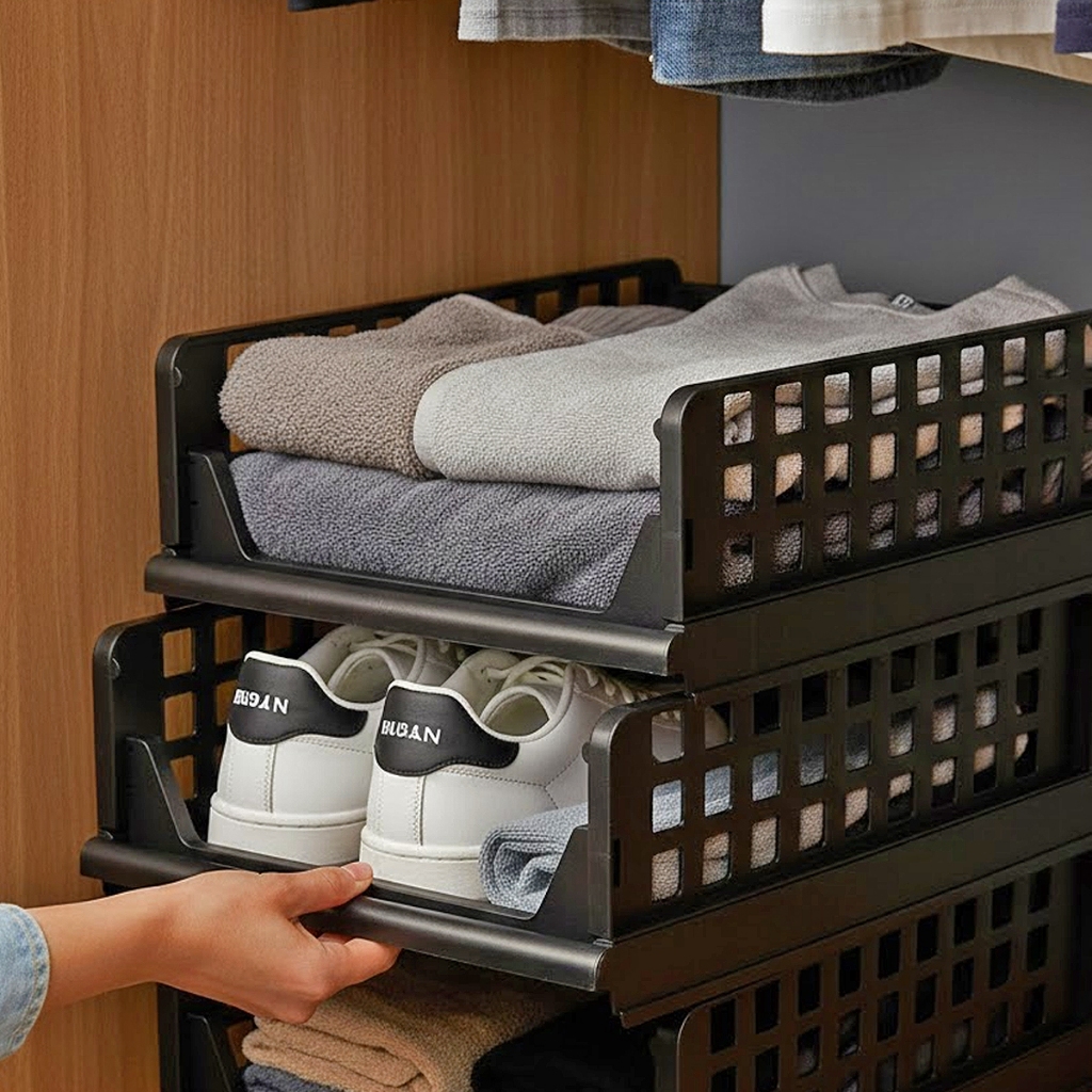 Kit Organizador Empilhável de Armário Guarda Roupa Caixa Organizadora Prateleira