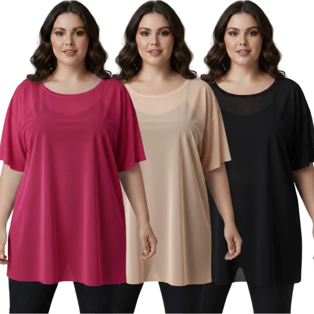 Kit 02 ou 1 Blusa Feminina Plus Size de Tule Academia Treino Respiravél Transparência Feminino