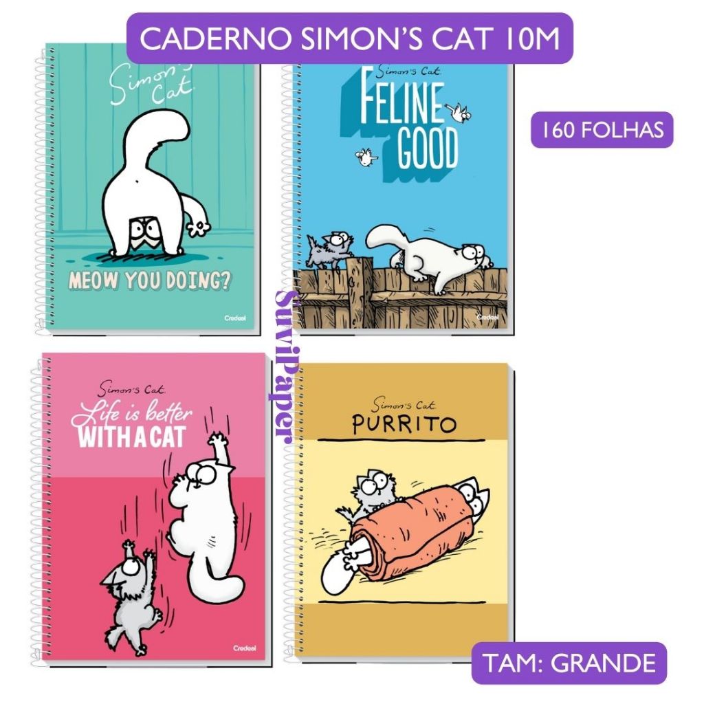 Caderno Universitário Simon's Cat 10 Matérias 20x27,5cm - 160 folhas Credeal Modelo 2026