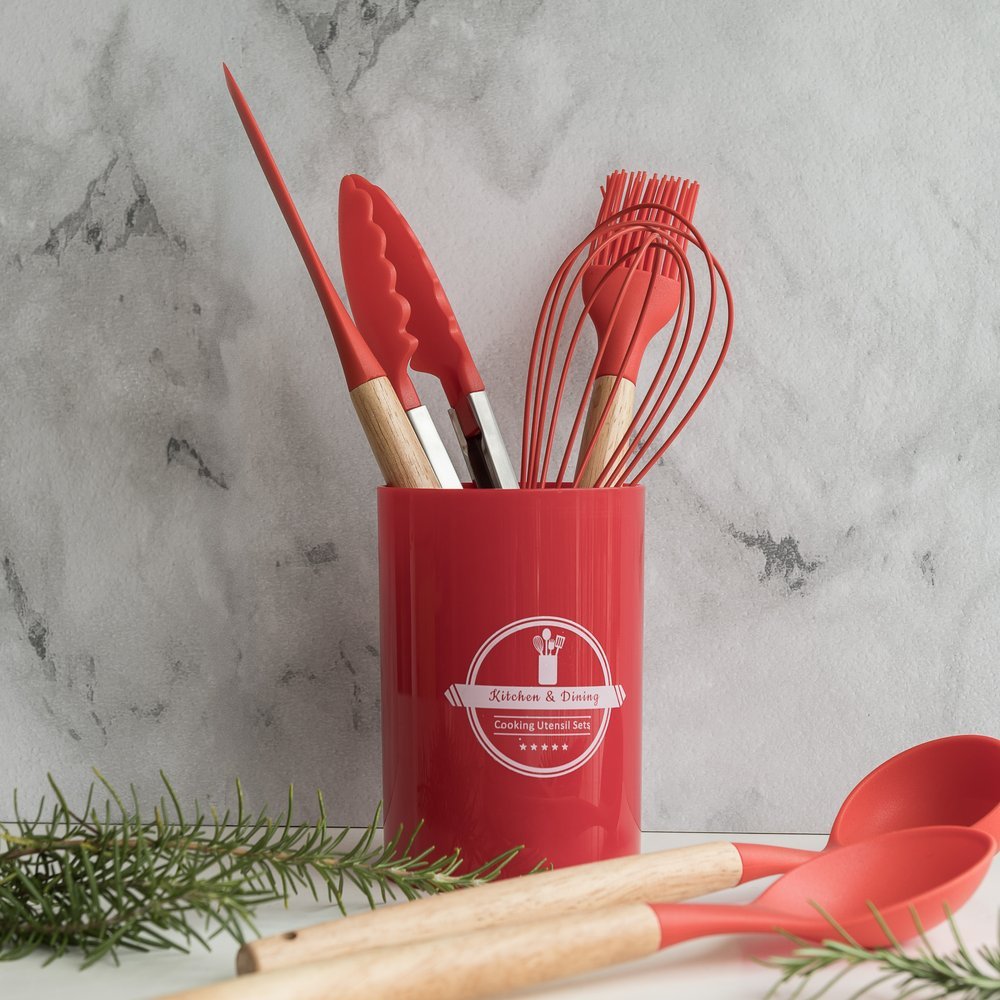 Conjunto Utensílios de Cozinha Silicone Vermelho 7 Peças Cabo Madeira Antiaderente Resistente ao Calor Com Organizador