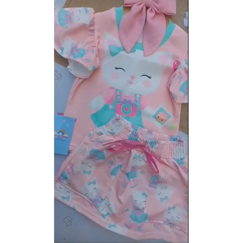 conjunto infantil menina menina delicada manguinha fluida conjunto saia chort  tecido macio encorpado