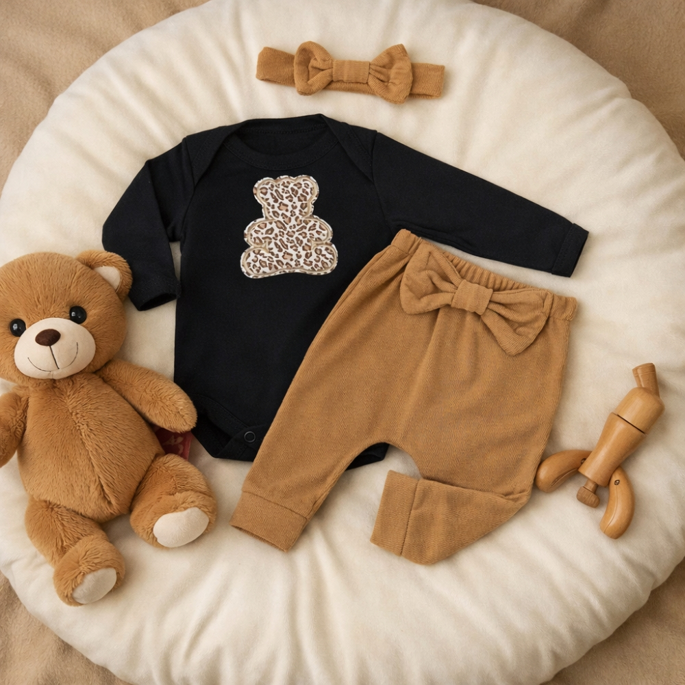 Conjunto Bebê Menina Roupinha Conjuntinho Algodão PMG Urso Inverno  Frio Moda Baby Bordado Faixa