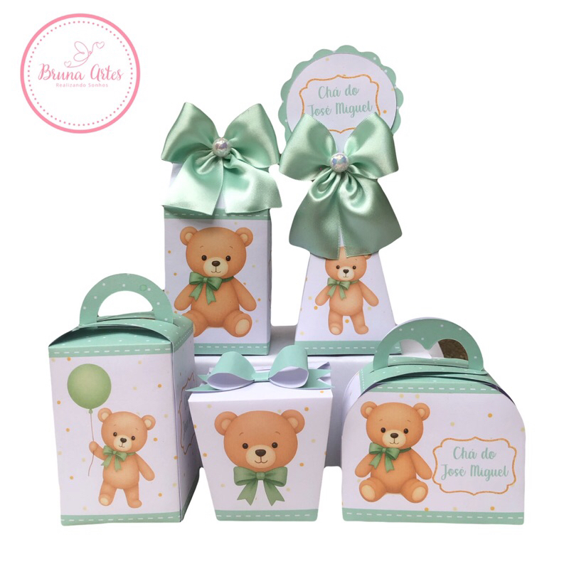 Kit URSO VERDE /PEGUE E MONTE/ MENINO E MENINA chá bebê, revelação Personalizados Lembrancinhas caixinhas