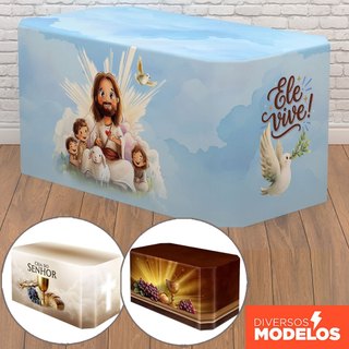 Capa de Mesa Decorativa Páscoa Religiosa Cristã Sublimado Em Tecido Forro Veste Fácil para Festa