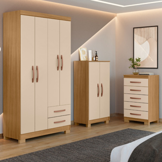 Kit Guarda Roupa Solteiro 4 Portas com Multiuso e Cômoda 5 Gavetas Carvalho Off White em Oferta na Shopee