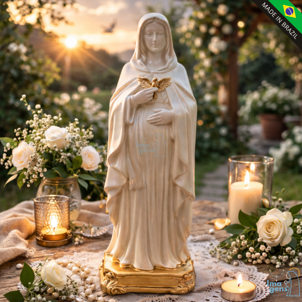 Imagem Nossa Senhora Grávida 20cm Gesso Perolado e Dourado Artesanal Presente Premium em Oferta na Shopee