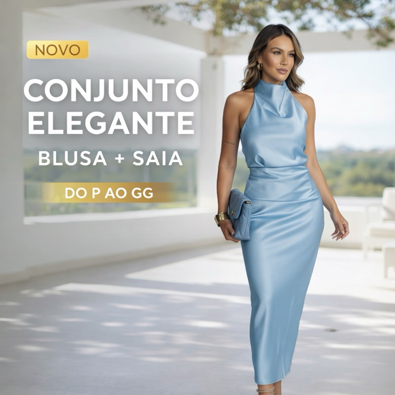 Conjunto Feminino Elegante Cetim Blusa Frente Única + Saia Midi Social Festa Casamento Igreja Formatura P M G GG