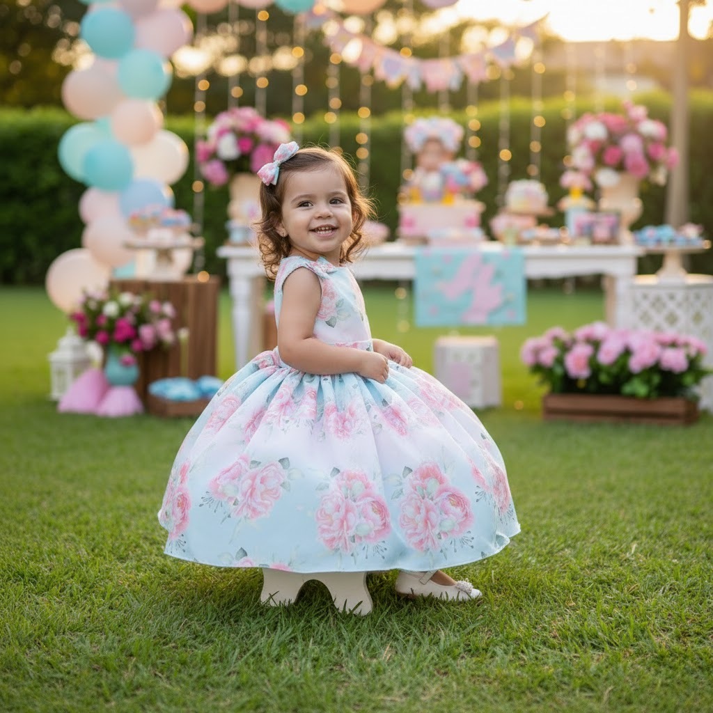 Vestido Infantil Menina Lorena Florido Azul Bebê Festa Luxo - Dolce Kids