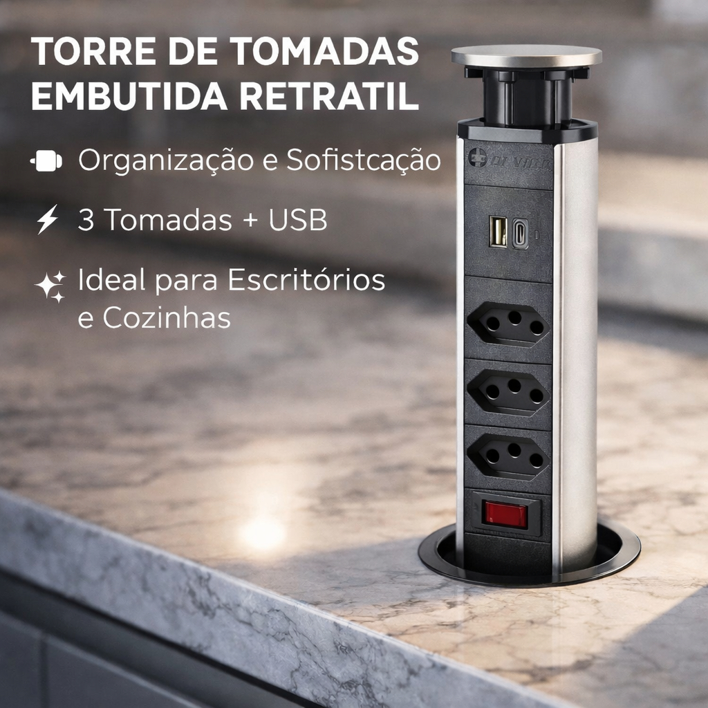 Torre de Tomada Retrátil Embutir Bancada Filtro de Linha 3 Tomadas cabo grande Preto Cinza