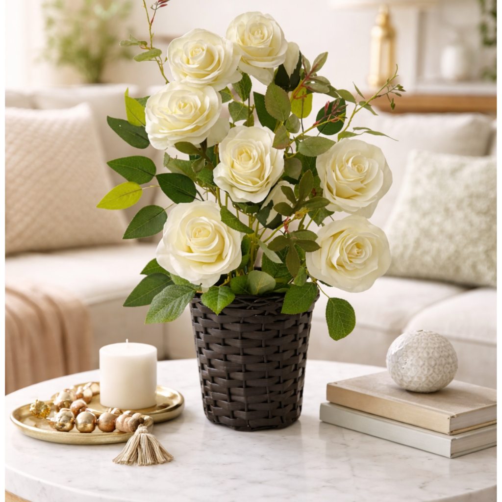 Arranjo de Rosas Brancas Artificiais com Vaso Decorativo 30cm Decoraçao Casamento 15 Anos