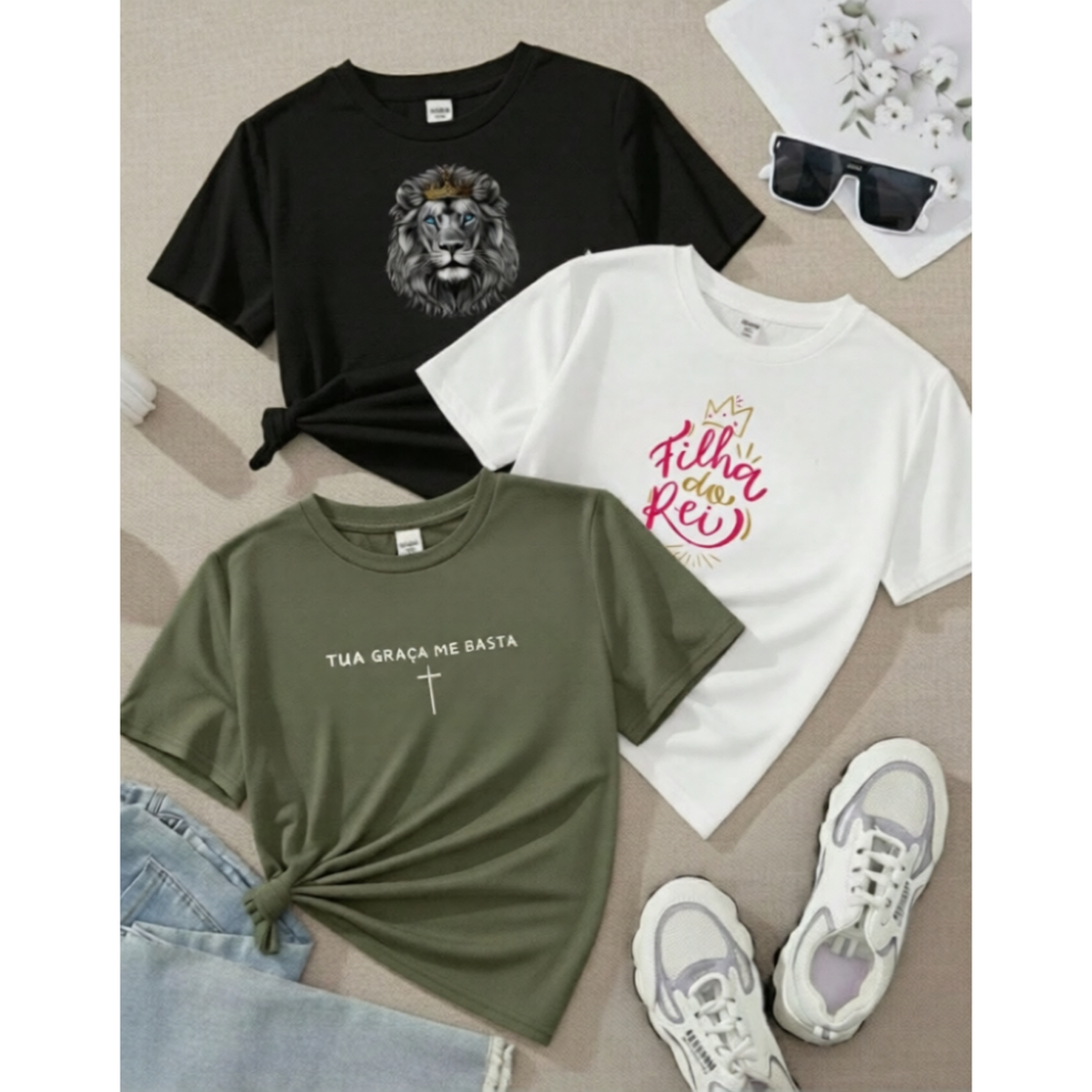 Kit 3 Camisetas Feminina Conjunto Camisa Moda Cristã Filha Do Rei Blusa Leve Estilosa Confortável