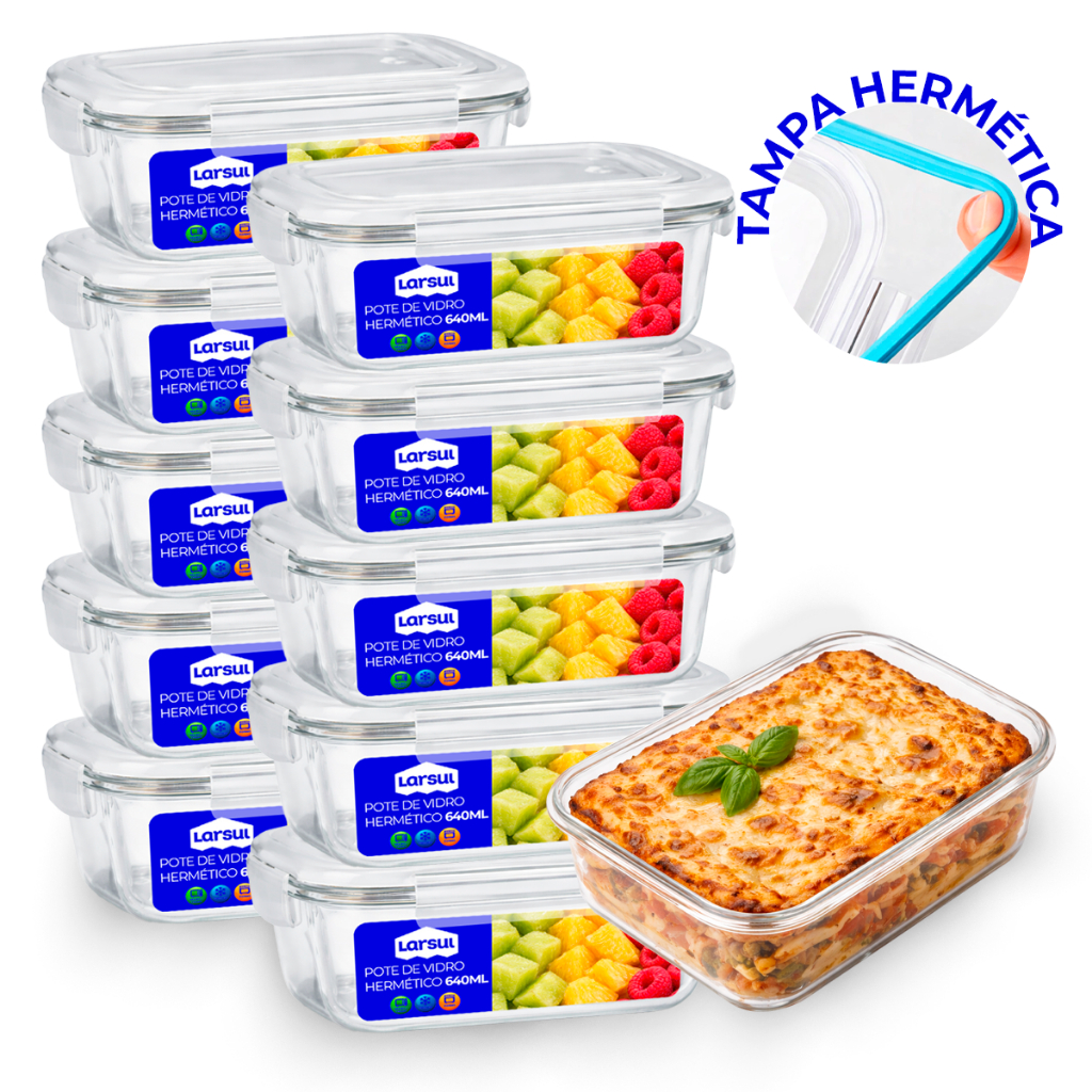 Conjunto Potes 370/640ml Vidro Hermético Mantimentos Marmita 640ml Marmita Fit com Tampa 4 Travas