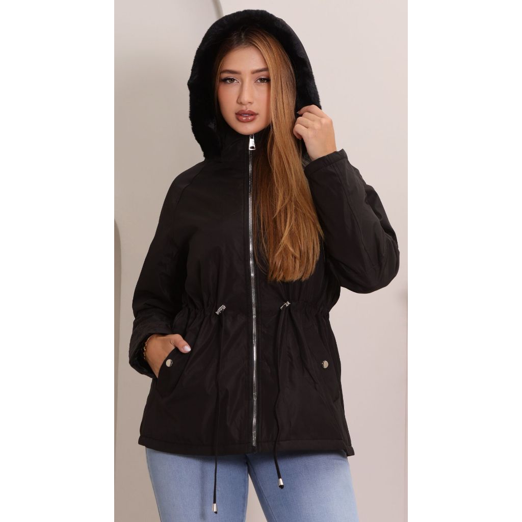 Parka Feminina Forrada De Pelinhos Com Capuz Removível Frio
