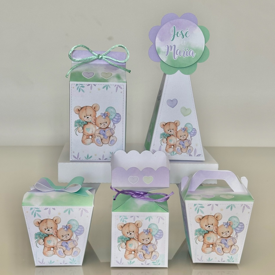 Kit Festa Cha Revelação Verde e Roxo - Pegue e Monte - Lembrancinhas Personalizadas Caixinhas Personalizadas