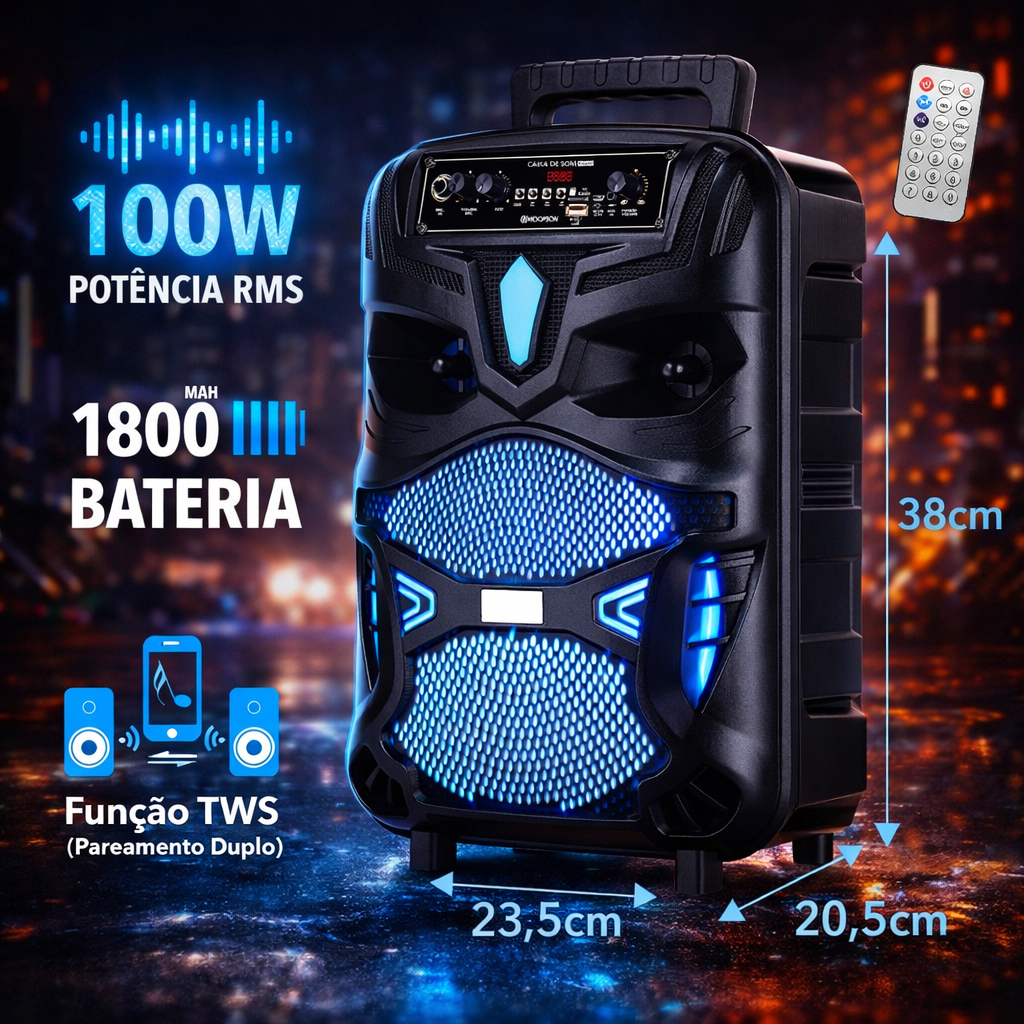 Imagem Caixa de Som Portátil LED RGB Bluetooth Estilo Robozinho Potencia 100W RMS Função TWS Hoopson