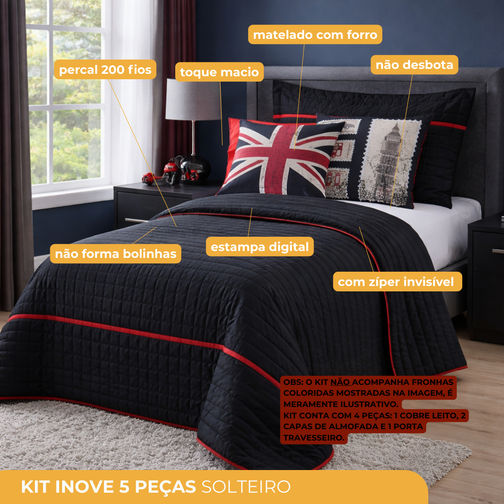 Detalhes do Roupa de Cama Colcha Cobre Leito Solteiro 4 Pçs Inove Percal 200 Fios