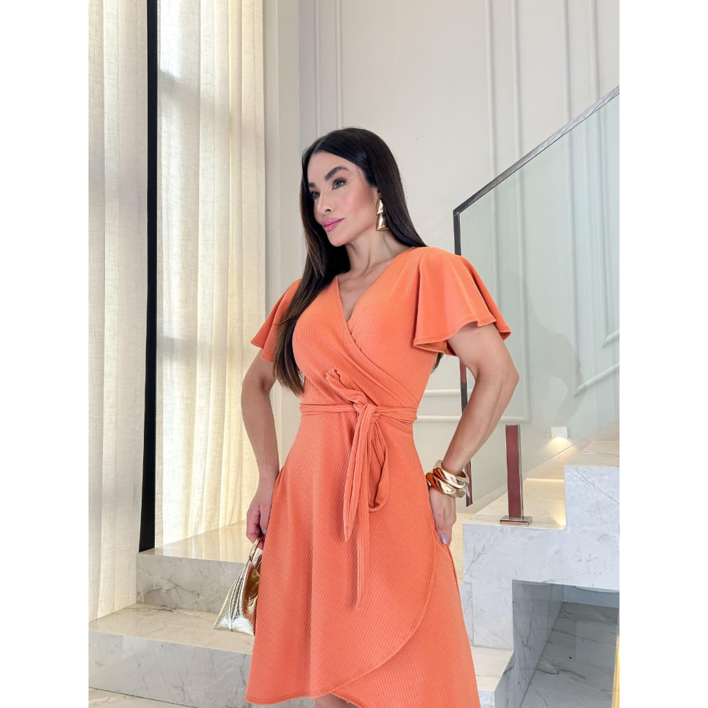 Vestido Curto Traspassado Gola V Manga Fler Faixa Cintura Liso Estampado Delicado Rodadinho Soltinho
