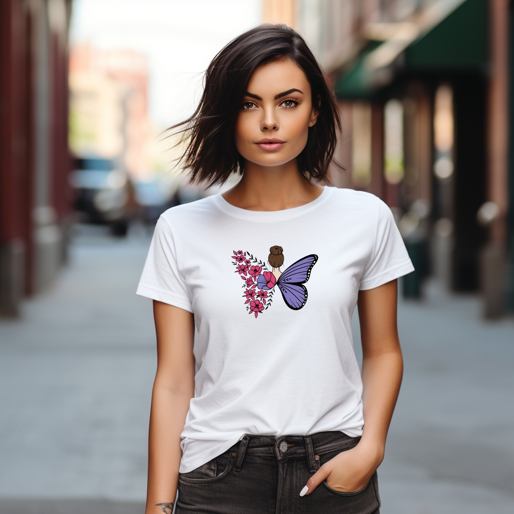 Camiseta Feminina Babylook Estampada Borboleta Flores Mulher Livre Desenho Moderna Confortavel 100% Algodão