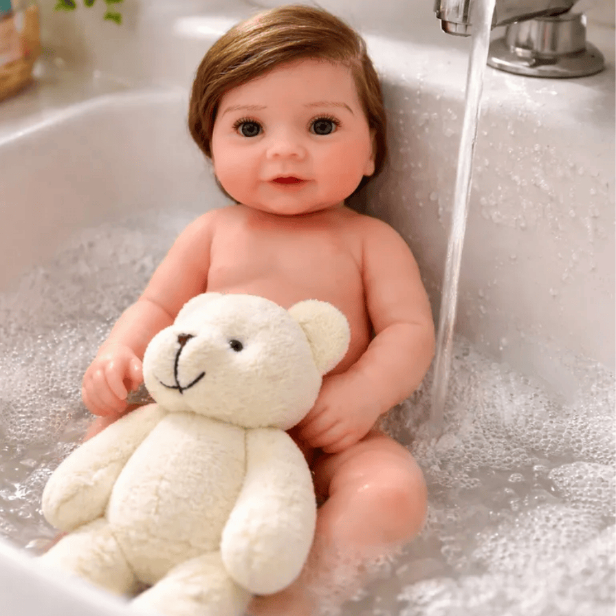 Bebê Reborn Silicone Sólido Mama Faz Xixi Pode Dar Banho Hiper Realista Cabelo Fio a Fio