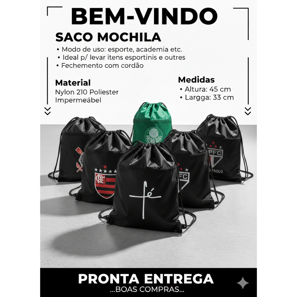 Mochila sacola esportiva academia Gym Bag unissex impermeável Fé e times