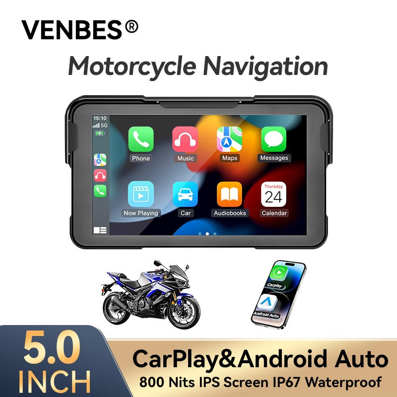 Multimídia para Moto Carplay Android Auto Portátil À Prova D'água 5’’ Tela Touch