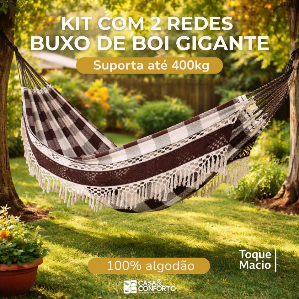 Rede de descanso Buxo de Boi Gigante 4,40m 100% Algodão Artesanal Até 3 Pessoas
