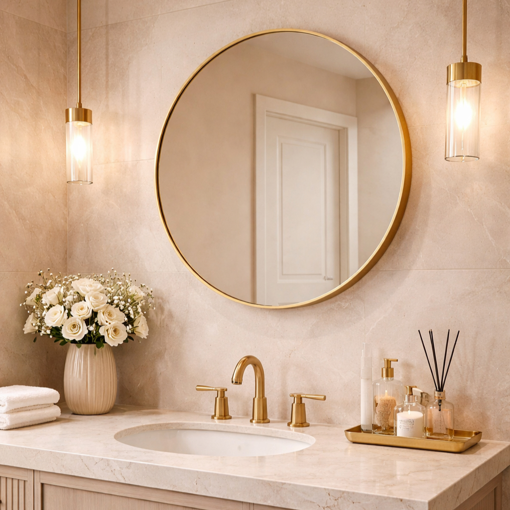 Espelho Banheiro Redondo 80cm + Kit Instalação Moldura Couro Decoração Sala Lavabo Salão Casa Quarto