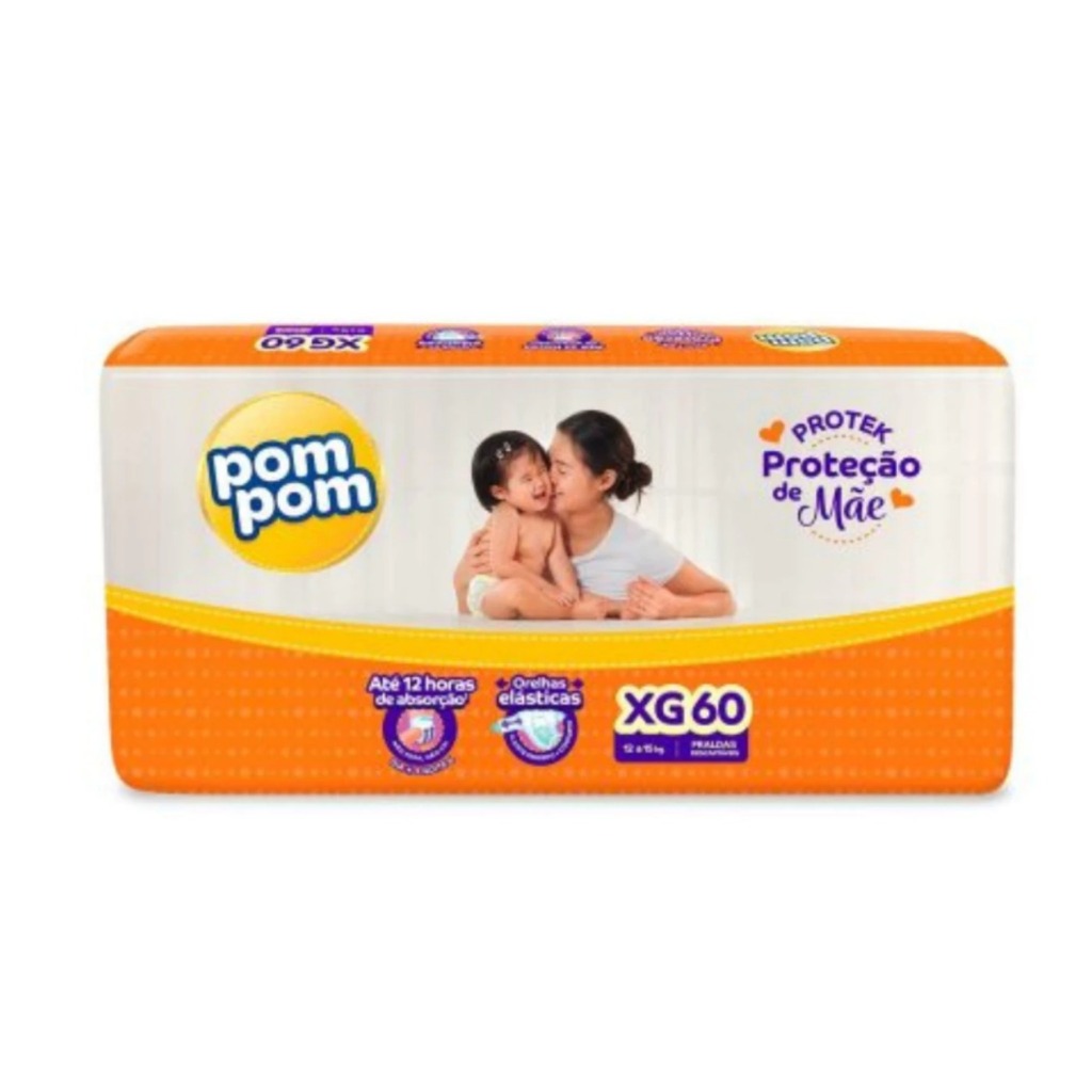 Fralda PomPom Derma Protek Hiper | Tamanho XG | 60 Unidades | 12 a 15kg | Alta Absorção Até 12h em Oferta na Shopee