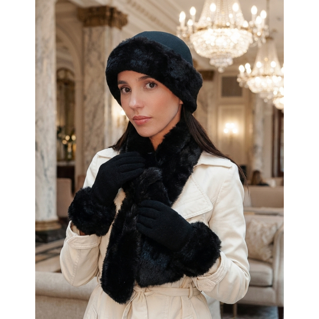 Conjunto de Inverno Para Mulheres Touca Cachecol Luva Gorro de Soft Gola Pelúcia Luva de Lã