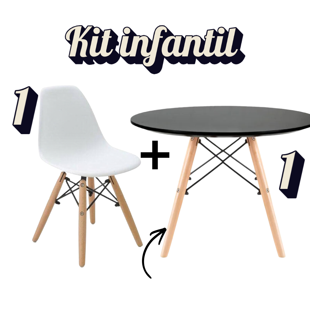 Kit Mesa Infantil Preta + Cadeira Branca Eiffel