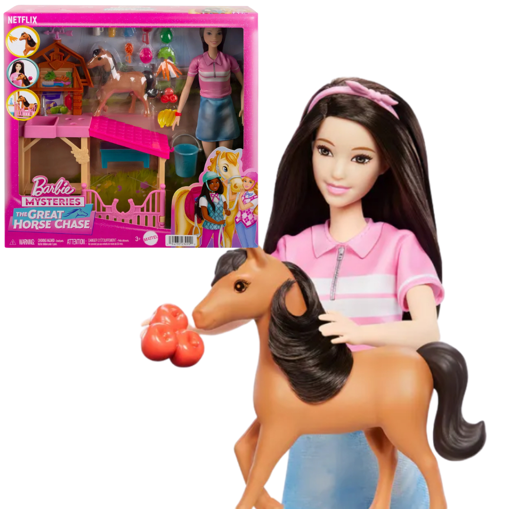 Barbie Netflix com Cavalo e Curral + Acessórios de Cuidados | Boneca Mattel | Aventura e Mistério
