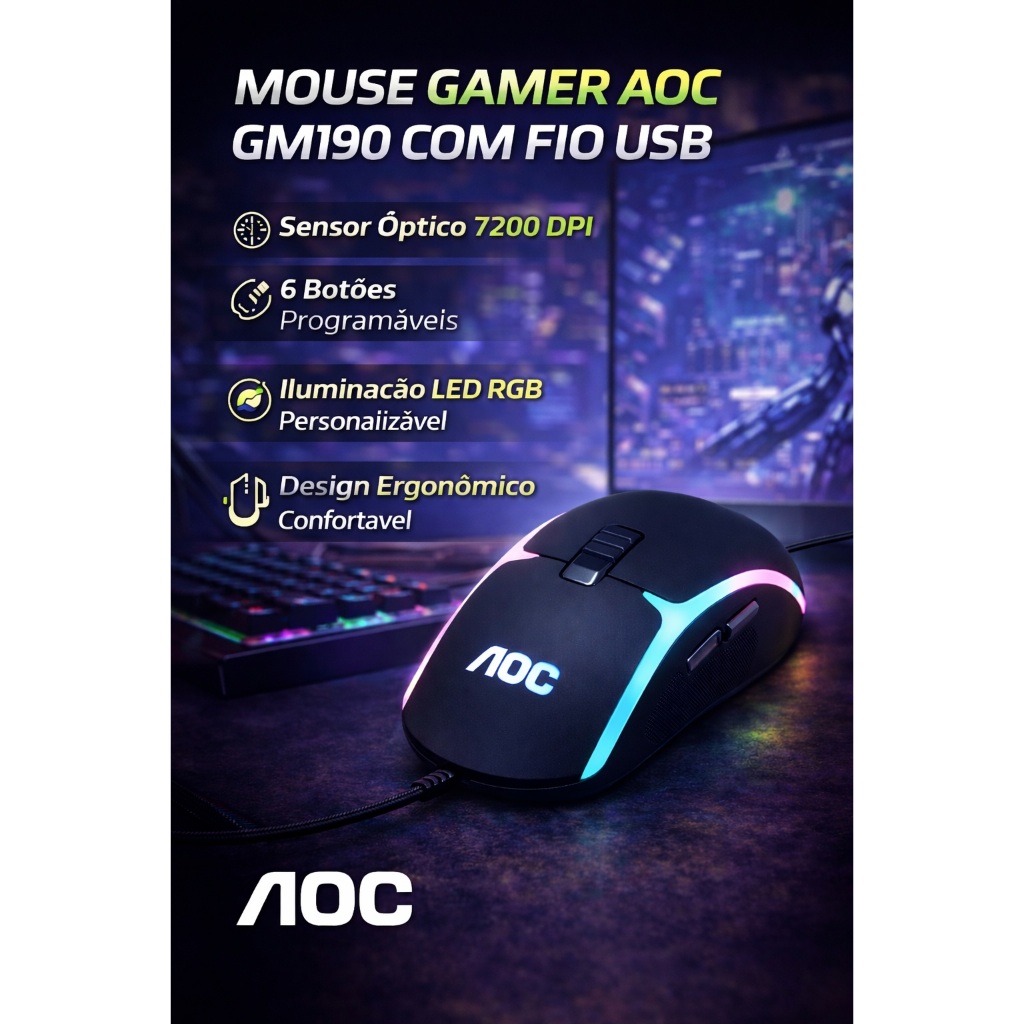 Mouse Gamer AOC GM190 7200 DPI com Fio USB 6 Botões Ergonômico Alta Precisão LED PC Gamer Notebook