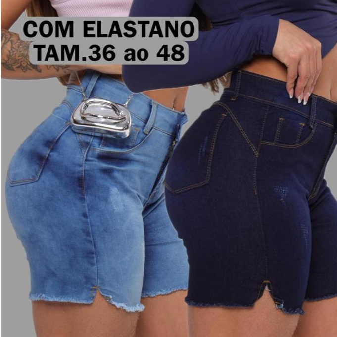 Bermuda Jeans Feminina Levanta Bumbum Corte Lateral Short Jeans com Lycra